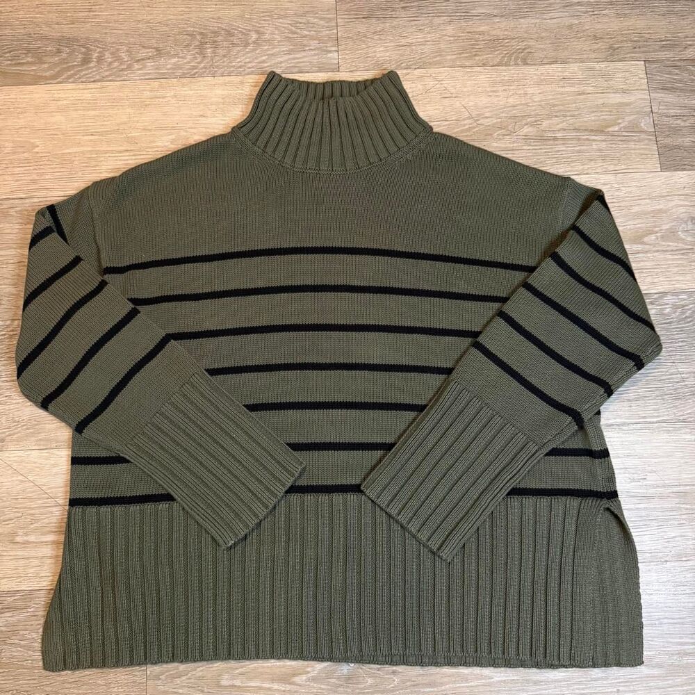 Gap100%Cotton Oversized Split Hem Mockneck Sweater Olive Green Black Striped [S]